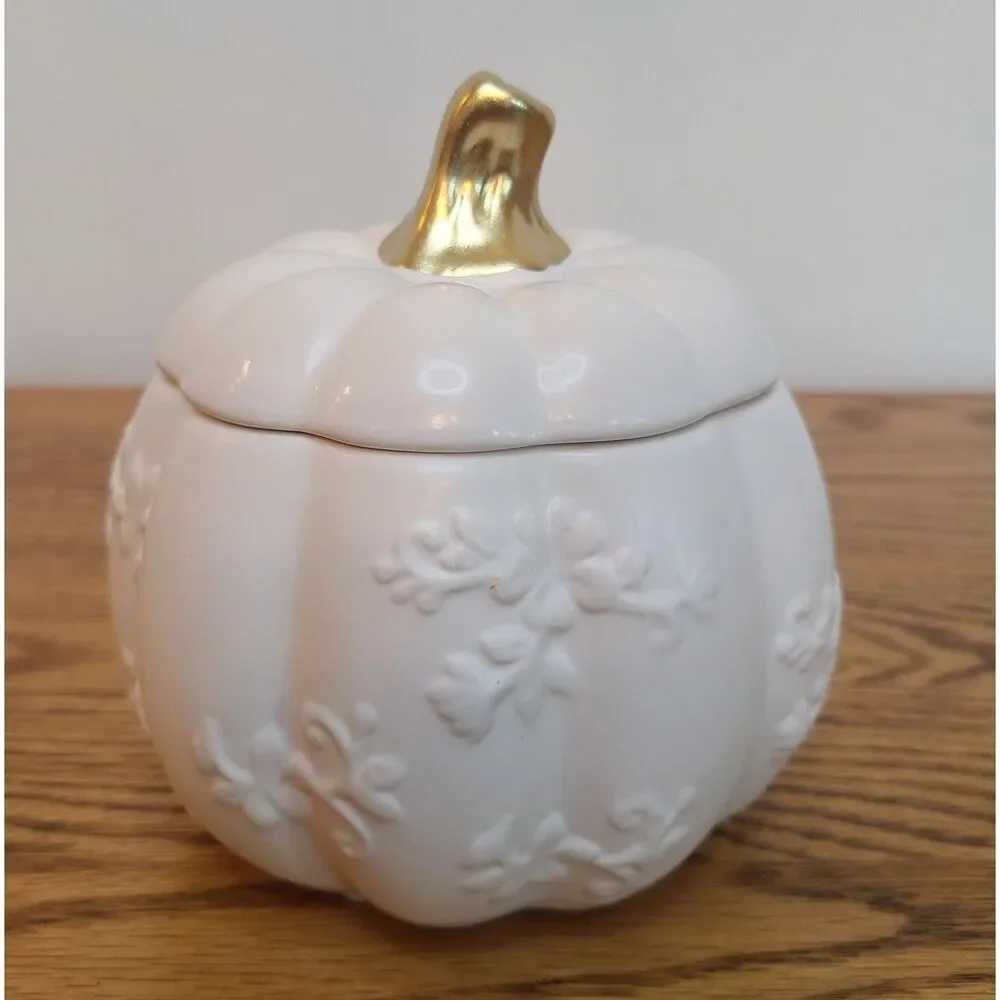 White Ceramic Harvest Pumpkin Container With Lid From 1-800-Flowers Arrangement